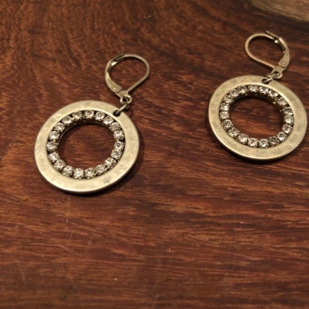Round Rhinestone Dangle Earrings Gold Tone - Picture 2 of 5